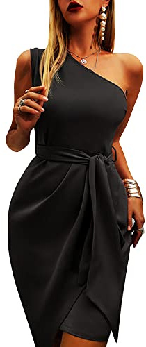 KBRPEY Robe Epaule Denudee Femme Asymétrique One Shoulder Robes Chic Et Elegant avec Ceinture Drapée Robe Cocktail Soirée Moulante Midi Bretelle Unique