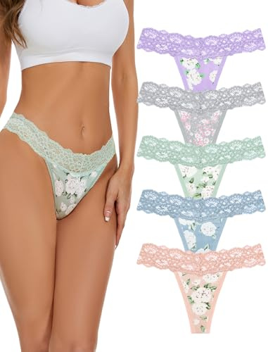 voenxe Seamless Lace Thongs for Women, Cotton Blend No Show Thong Underwear,Ladies Breathable Comfort Panty Soft Laser Cut Undies,Comfy Woman Gym Workout Stretch Tanga