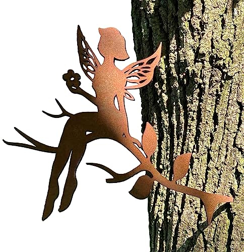 Steelmonks Cortenmeister - Edelrost Fee für Draußen. Baumstecker für Deinen Garten. Echter Cortenstahl Gartenstecker für Jede Jahreszeit (Sitzende Fee)