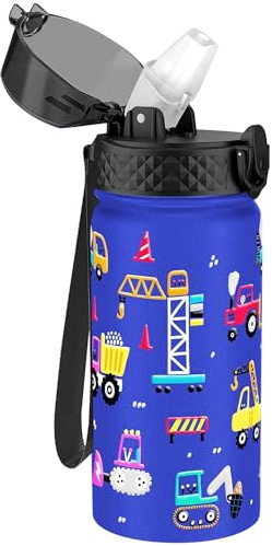 GOPPUS Kids Water Bottle (Straw Lid) - 14 Oz Stainless Steel Travel Bottle, Double Wall Vacuum Leak Proof Kids Cup for School Boys Girls,Blue engineering car