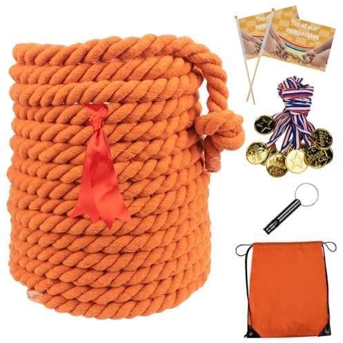 40 fot drag av krigsrep, boka ett krigsrep, dragkrigsrep vuxen med bomullsrep, 10 medaljer, 2 flaggor, visselpipa, band och förvaringsväska, orange, fältdagsspel, utomhusspel, familjeträffar och