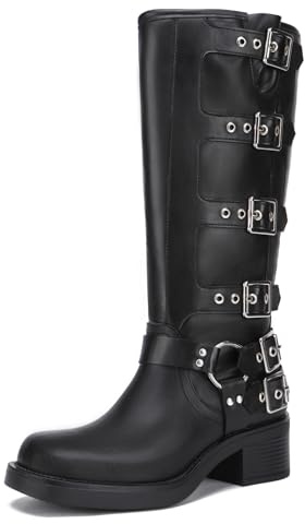 Athlefit Women's Knee High Riding Boots Buckle Biker Boots Black 8