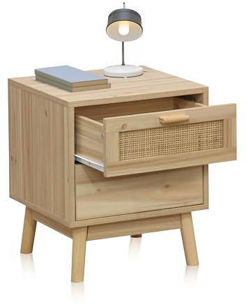 duehome | Debra, Mesilla de Noche 2 Cajones, Mesita de Noche, Acabado en Pino y Ratan, Medidas: 40 cm (Largo) x 39 cm (Fondo) x 48 cm (Alto)