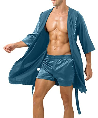 Genérico Bata de Hombre Verano Kimono de Satén Bata Baño Larga para Casa Pijama Seda Pijamas para Hombre Albornoz para Sauna, cómodo Manga Corta Albornoces de Verano