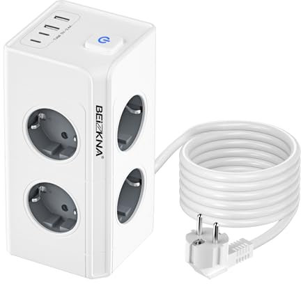 Mehrfachsteckdose mit 4 USB 8 Fach Steckdosenleiste Mehrfachstecker Steckdosenwürfel mit Schalter Überspannungsschutz Steckerleiste 1.5mm² Verlängerungskabel Steckdosenturm Verteilersteckdose 2M Kabel