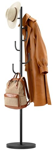 MISSLO Heavy Duty Coat Rack Freestanding with Stable Wood Base Metal Coat Tree Adjustable Coats Hanger Stand with 6 Hooks Clothes Tree for Jackets, Hats, Bags Standing Purse Rack for Bedroom, Office