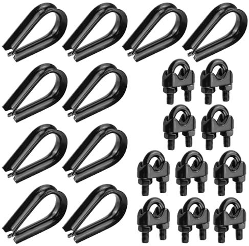Antrader Wire Rope Clamps Clip and Wire Rope Thimble,M5(3/16),304 Stainless Steel,Black(10Pcs + 10Pcs)