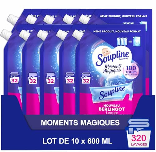 SOUPLINE - Berlingot Eco-Recharge Adoucissant à Diluer Câlin d'Amour - Parfum Intense & Longue Durée - Douceur Irrésistible - Lot de 10 Recharges x 600ml