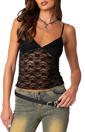 Acrawnni Women's Y2K Lace Spaghetti Strap Cropped Tank Top Sleeveless V Neck Mesh Slim Fit Cami Tops Going Out Streetwear (B-Black, S)