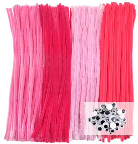 TOAOB 200 Pezzi Scovolini Ciniglia Steli per Lavoretti Series Rosa Pipe Cleaner Bastoncini Decorativi e 200 Occhi Mobili Adesivi per Fai da Te Artigianato Scrapbooking Bambole Pupazzi