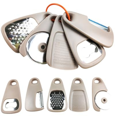 KGDUYC Juego de utensilios de cocina de acero inoxidable, 5 piezas, utensilios de cocina portátiles, rallador de queso, abrebotellas, pelador de fruta/verduras, cortador de pizza, molinillo de ajo