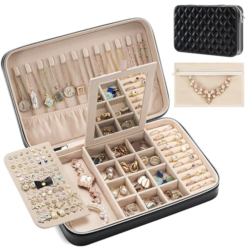 Lolalet Travel Jewelry Case for Women Girls, Travel Jewelry Organizer Box with Mirror & Clear Storage Bag, Small Portable Earring Necklace Bracelet Ring Case, Birthday Valentine Gifts -Large, Black