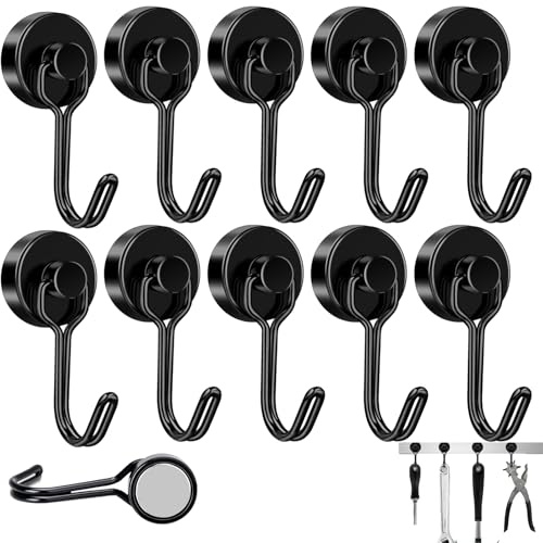 Kisstta 10 ganci magnetici, 25 mm, magneti al neodimio, extra forti, per 15 kg, girevoli, colore nero, gancio magnetico extra forte per appendere gadget, per soffitto, cucina, ufficio, supporto per