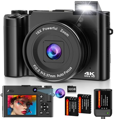Fotocamera Digitale 4K 64MP con Doppia Camera, Autofocus e Zoom Digitale 16X, Macchina Fotografica Digitale con Schermo IPS 3, Funzione Webcam, 2 Batterie e Scheda 32GB per Principianti e Adolescenti
