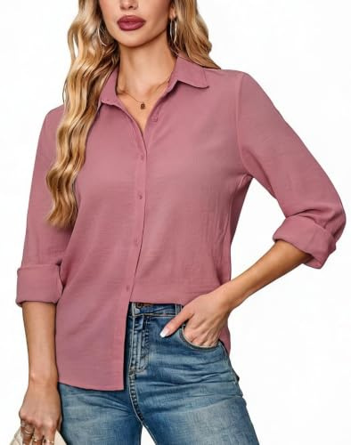 FaerieFlair Women's Blouses Elegant V Neck Button Down Shirts Loose Fit Casual Plain Long Sleeve Business Casual Tops