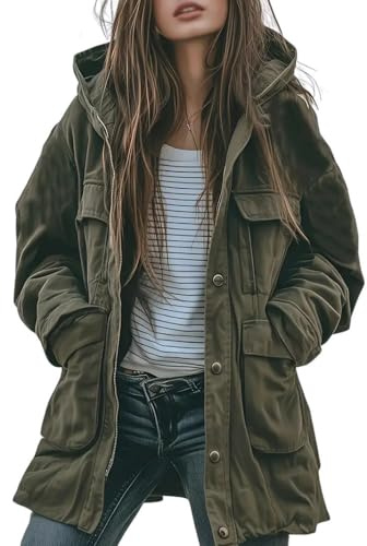 chouyatou Women's 2026 Spring Hooded Cotton Safari Jacket Zip Up Trench Coat Windproof Military Anorak Outerwear (Medium, Army Green)