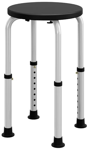 HOMCOM Sgabello da Doccia Girevole a 360° con Piedini Antiscivolo e Regolabile in Altezza su 8 Livelli, Sgabello per Doccia in Alluminio e PE, 32.5x41x35.5-54 cm, Nero