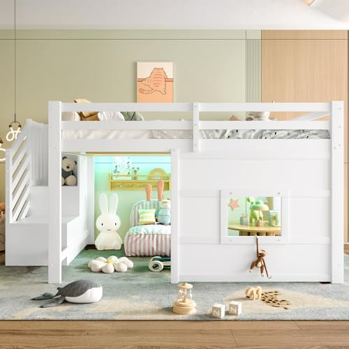Idemon Cama alta de 140x200 con escalera de almacenamiento y ventana, color blanco