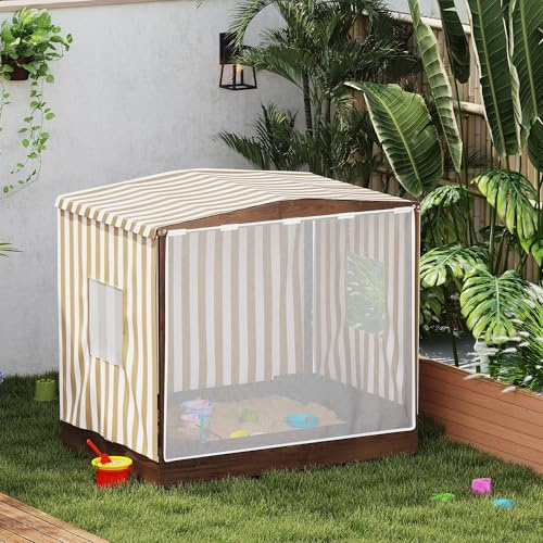 HOMELEN Sandkasten mit Vordach & Netztür, 142x101,5 cm, 2 Sitzbänken & Bodenschutz – UV- und mückengeschützter Sandspielplatz für bis zu 4 Kinder (3–6 Jahre), bis 280 kg Sand