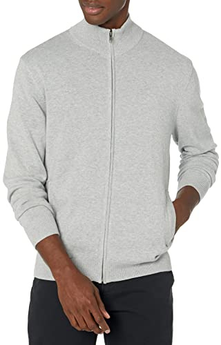 Amazon Essentials Men's Full-Zip Cotton Sweater, Ribbed Funnel Neck, Light Grey Heather, Medium