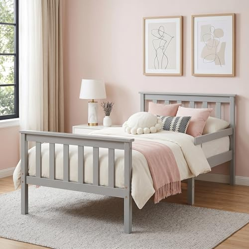 Single Bed Frame with Guardrail, Panana Simple and Elegant 3ft Soild, Wooden for Children (Grey)