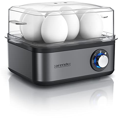 Arendo - Cuiseur à œufs en acier inoxydable Eightcook 500 W - Egg cooker 1 à 8 œufs - Bouton pour trois degrés de dureté, à la coque, mollet ou dur - Œufs pochés, Verre doseur avec Perceur d’œufs