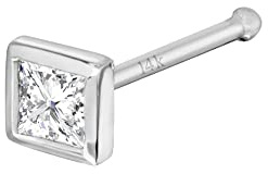 Jewelry Avalanche 22G 14K White Gold Bone-end Nose Stud Bezel Set 0.05ct Princess Cut Diamond - April Birthstone Nose Ring - NSBNWG_PWD2