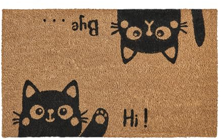 Fußmatte Kokosfaser Hi-Bye Katze - 70x40cm - Willkommens Fussmatte mit Antirutsch PVC & Kokos Oberfläche - für Hauseingänge, Flure, Außentüren, Wohnaccessoires - Schlichtes Originaldesign