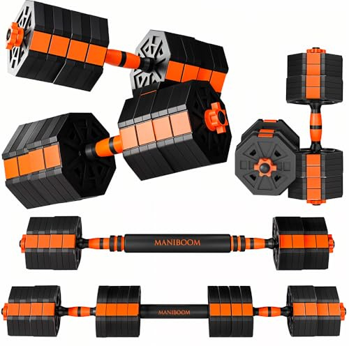 ManiBoom Juego de Pesas y Mancuernas 2 en 1 Ajustables - Juego Mancuernas 10kg - 50kg ANTIRUEDO - Juego de Pesas para Casa con Barra Ajustable y Cierres de SEGURIDAD - Kit de Ejercicio