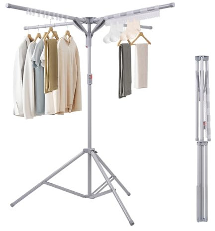 Sinbide Tendedero de Ropa Plegable, Secador de Paraguas, Perchero Extensible con Barra para Colgar, Ajustar Altura Diferente, Ropa Portátil para Interior y Exterior (Gris)