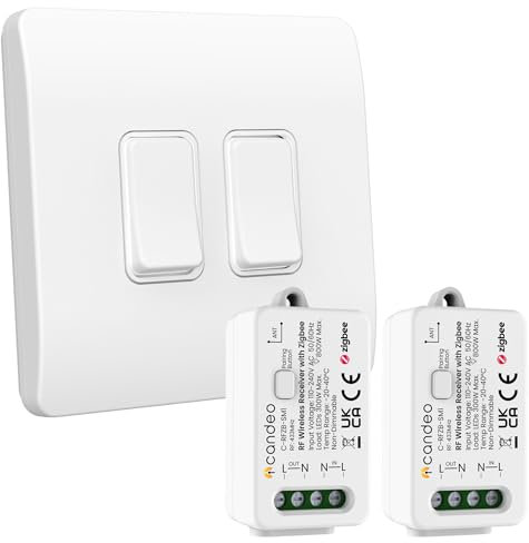 Candeo Wireless Kinetic Dual Light Switch (2-Gang) & 2 x Zigbee Compatible RF Receiver Modules Kit | No Wiring or Batteries for switch | Easy Installation & Eco-Friendly Modular Lighting Control