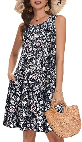 Gosunny Abito estivo da donna, senza maniche, per il tempo libero, casual, leggero, con tasche, Fiore schiacciato, 3XL