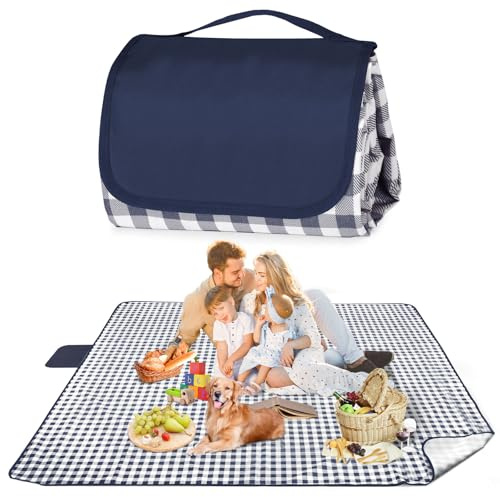 Maidyna Manta de picnic impermeable de 200 x 200 cm, manta de playa grande a prueba de arena con asa de transporte, manta plegable para senderismo, camping, playa, picnic familiar (azul)