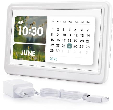 ROCAM Reloj Despertador Digital de 7 para Personas Mayores, Calendario con Fecha y Día, 20 Recordatorios y Alarmas, Pantalla Grande, 10 Brillo Ajustable, Navegación Rápida, DST Automático, 6 Idiomas