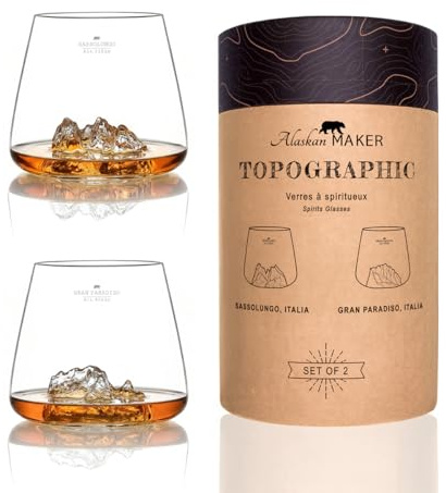Bicchieri da whisky di qualità premium 350 ml (confezione da 2) - In vetro borosilicato soffiato a mano con montagne in rilievo | Forma tulipano | TOPOGRAPHIC Spirits (Sassolungo & Gran Paradiso)