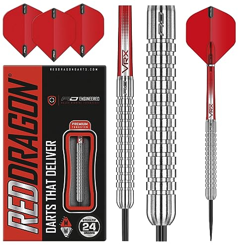 RED DRAGON Hell Fire A: Steel Dartpfeile 24 Gramm Profi Steeldarts Set, 3 x Steel Darts mit Flights und Schäfte