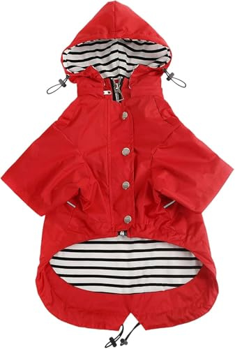 Pethiy- Elegante Chubasquero para Perro,Impermeable Abrigo con Botones Reflectantes y Bolsillos, Resistente a la Lluvia/al Agua,con Capucha extraíble, para pequeños y medianos Perros-Rojo-S