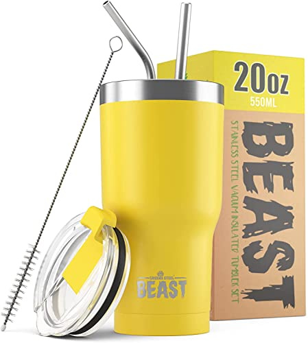 Beast Tumbler – 550 ml (20 oz), Citron | Gobelet isotherme en acier inoxydable réutilisable | Avec 2 pailles et brosse de nettoyage | Double paroi, idéal pour café chaud ou glacé | Sans BPA