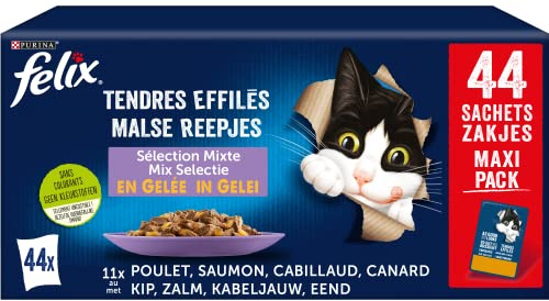 FELIX | Tendres Effilés | En Gelée | Chat Adulte | Recette 100% Complète et Equilibrée | Sélection au Saumon, Poulet, Canard et Cabillaud | Sachets Fraîcheurs | Boîte de 44 x 85g