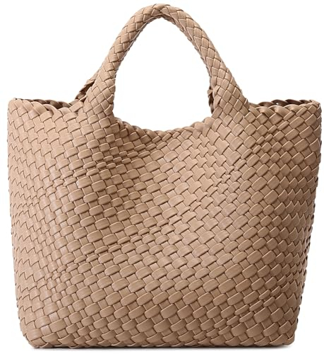 Queenoris Gewebte Tasche für Damen, veganes Leder, Tragetasche, Sommer, Strand, Reisen, Handtasche und Geldbörse, Retro-Stil, handgefertigte Umhängetasche, groß, aprikose, Large