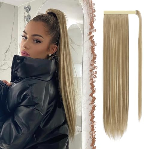 FESHFEN Cola de Caballo Extensiones 60 cm Largo Liso Postizos de Pelo Natural Sintética Ponytail Extensiones de Cabello Coleta Postizos para Mujeres, Castaño Claro & Rubio