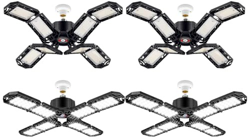PINSAI 4 Pack LED Garage Light, Super Bright Screw in E26/E27 Ceiling Shop Work Lamp, 200W 20000 Lumen Deformable Basement Bulb Fixture with 8 Adjustable Panels