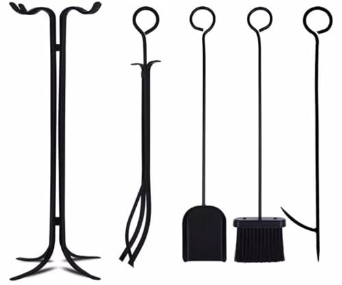 Set di strumenti per caminetto, Kit di 5 pezzi per caminetti da interno e da esterno Set di strumenti per il fuoco di grandi dimensioni in ferro battuto nero per stufa a legna