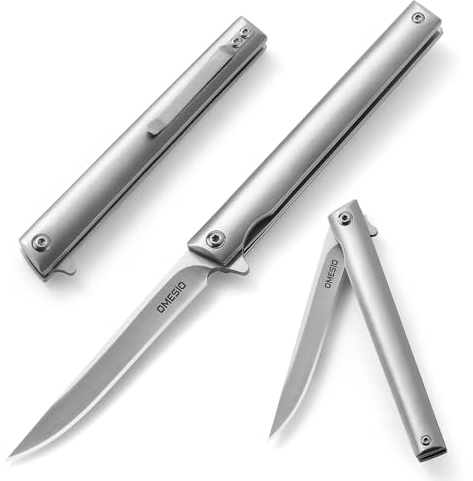 Omesio couteau pliant, petit, léger, couteau de poche tranchant pour l'extérieur, couteau de poche pour homme, avec Fourreau, idéal pour le camping et les voyages (couleur miroir argenté)