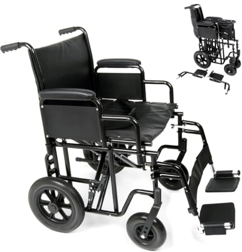 U-GO Atlas Heavy Duty Bariatric Steel Transit Wheelchair with Height Adjustable Footrests, Foldable Wheelchairs for Adults, Plus Size Mobility Aid, Travel Transport Wheelchair with Wide Seat (20)
