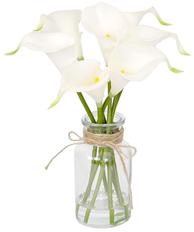 Muhanjia Artificial Flowers Calla Lily in Glass Vase with Faux Water,7Pcs Artificial Flower Real Touch Latex Flowers for Centerpiece Table Decorations Counter Decor(White Calla Lily)