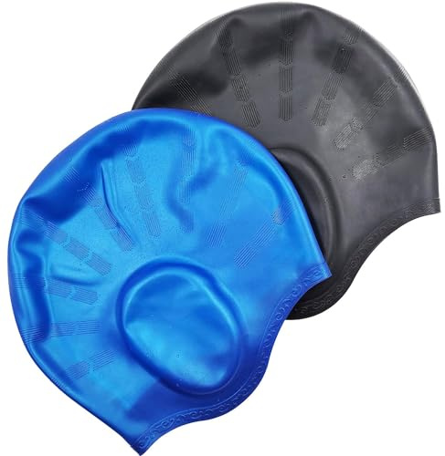 Swimming Cap,2 Pack Silicone Swim Cap for Women Men, Durable Non-Slip Waterproof Swim Cap Protect 3D Ear Protection (Black+Blue)