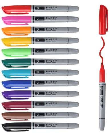 TOWON 12 Permanent Markers - Assorted Colors Drawing Marker Pens Set, Waterproof Quick Drying Fine Tip Colored Artists Markers for Adults Coloring