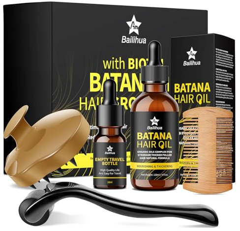 Beard Growth Kit Batana Oil for Hair Growth Kit with Biotin Derma Roller Scalp Massager Comb Empty Travel Bottle Hair Beard Growth Christmas Xmas Gift for Men Women Stocking Fillers 120ml