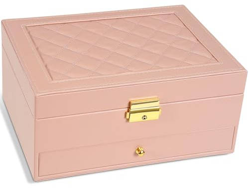 Unimoly 2-Layer Jewelry Box for women, jewelry organizers and storage with Removable Jewelry Tray, vintage quilted top Lockable Jewelry Holder Gift Idea Pink